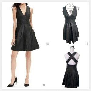 Banana Republic Monogram Leather Black V-Neck Chris Cross Fit and Flair Dress